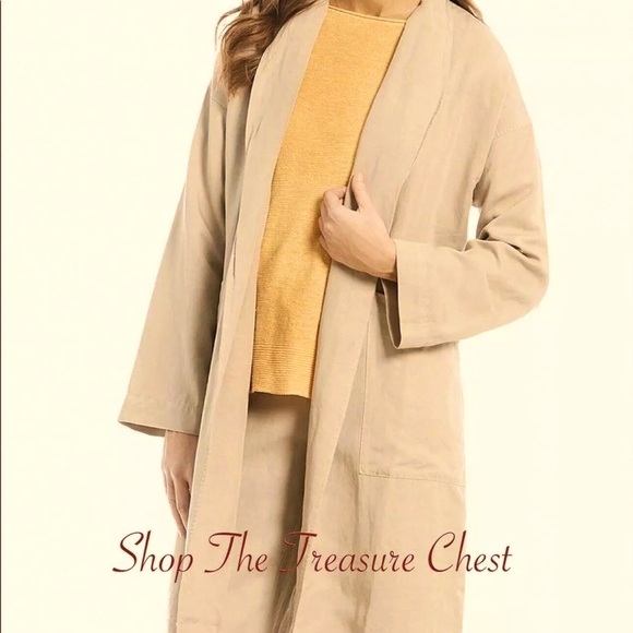 Eileen Fisher Pleated Linen Kimono Jacket Size L/XL Khaki 24”B x 43” L - Picture 1 of 15